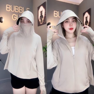 Áo Khoác Nữ Thun Su Lạnh Croptop Chống Tia UV 4 Túi Mũ Tháo Rời Freesize Dưới 75Kg BUBBLE GUM Women Jacket