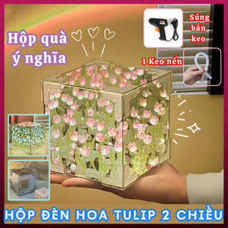 Hộp đèn Hoa Tulip tráng gương, đèn ngủ hoa tuylip khung vuông Décor Trang trí Phòng Ngủ Chill - Quà tặng ngày lễ