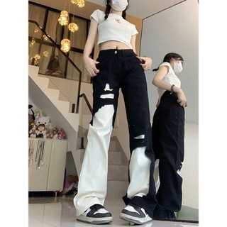 Sự rung cảm của Mỹ Mỏng Hơn Nhìn Phong Cách Mới Tất Cả Trận Đấu Quần Jean Rách Màu Sắc Tương Phản Thẳng Đường Phố Cao Cấp Retro Rời Khâu RR4S