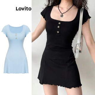 Đầm Lovito vải jacquard cài nút xếp nếp màu trơn thường ngày cho nữ L77ED142