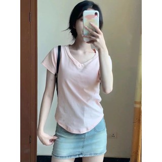 Cotton Nguyên Chất Màu Hồng Cổ Chữ V Ngắn Tay Pure Desire Áo Thun Nữ Mùa Hè 2024 Mới Mỏng Giảm Béo Hot Girl Ngắn Cong Top
