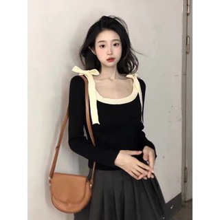 Áo Thun Dài Tay Cổ Vuông Gân, Viền Màu Kèm Nơ Hai Bên Vai - TTSLC0339