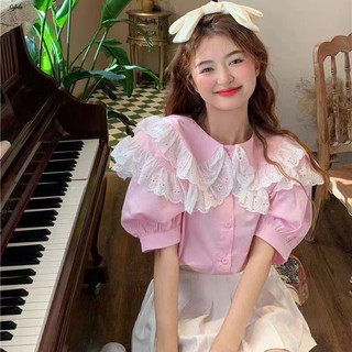Áo Sơ Mi Tay Ngắn Dáng Rộng Cổ Bẻ Phối Ren Thời Trang Phong Cách Hàn Quốc Cho Nữ