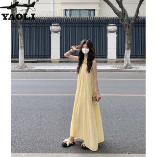 Yaoli Nữ Đi Biển Phong Cách Kỳ Nghỉ Màu Vàng Gallus Đầm Rời Đi Biển Đầm Cổ Tích 