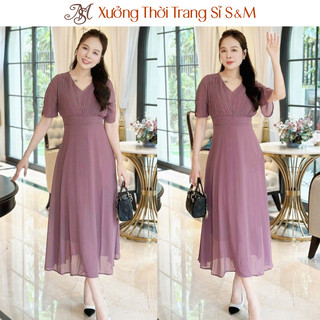 Đầm maxi form dài xếp ly ngực, tay loe S&M - GR0288