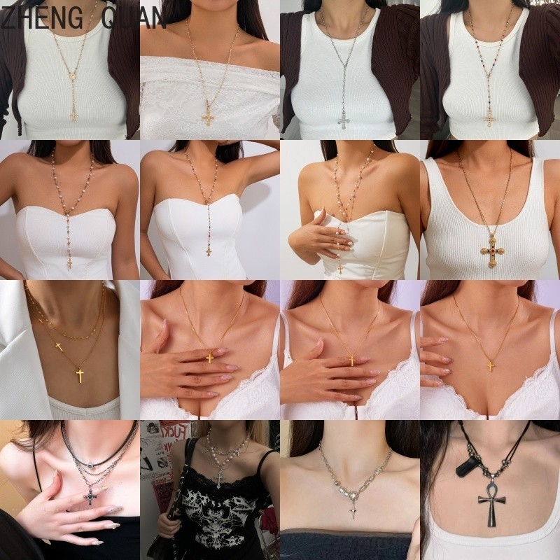 Thời Trang Tua Rua Hip Hop Vòng Cổ Kim Cương Giả Chữ Thập Dây Chuyền Dành Cho Nữ Vintahe Trang Sức Quà Tặng Punk