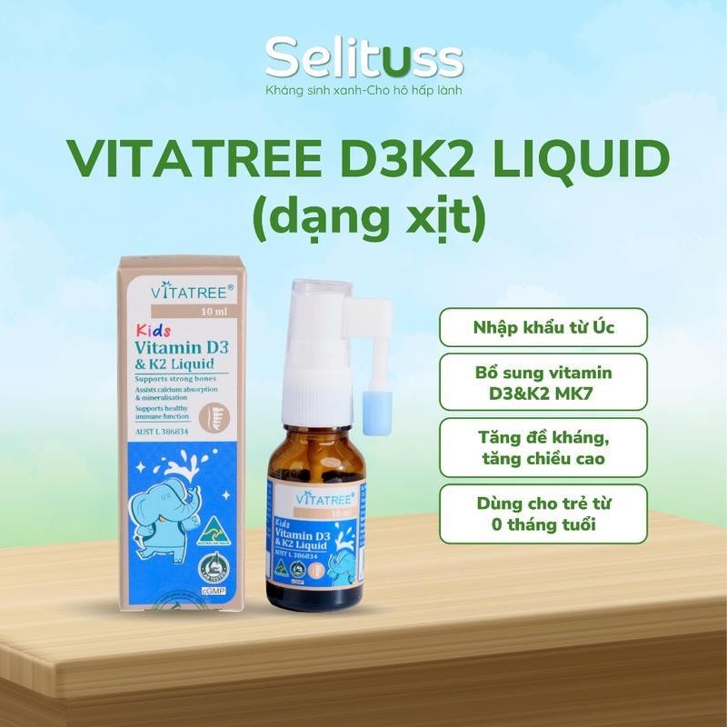 Vitamin D3K2 hỗ trỡ hấp thụ Canxi, phát triển xương và răng, tăng chiều cao VitaTree D3K2 Liquid dạn