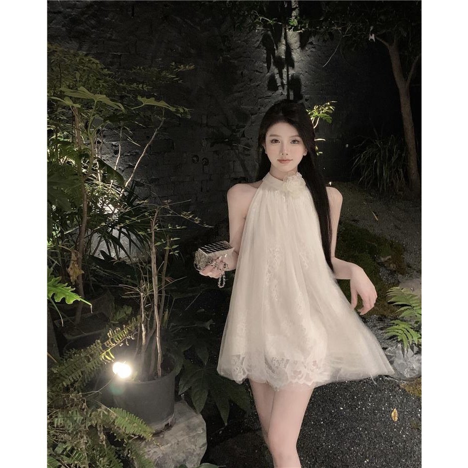 Đầm váy cổ yếm phối ren hoa dáng ngắn baby doll, đầm nữ đi tiệc thời trang mùa hè SAMIMI SP138 | BigBuy360 - bigbuy360.vn