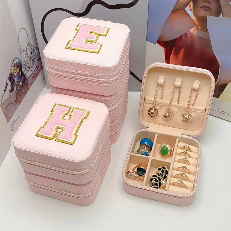 Embroidered Letter Jewelry Storage Box Travel Ear Stud and Ring Necklace Jewelry Box Small Portable 