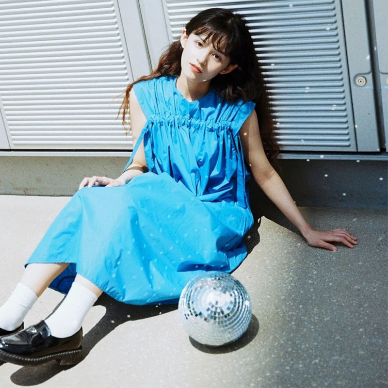 Fxdazi * Thiết Kế Sense Dress Mori Design Sense Niche Blue Cổ Tròn Đầm Nữ Sinh Xuân Hè Rời Bao Thịt 