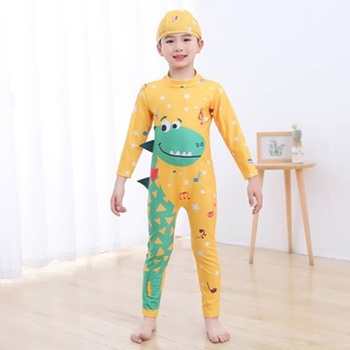 3-11 tuổi trẻ em áo liền quần đồ bơi hoạt hình khủng long cá mập bé trai dài tay bơi + mũ nhanh khô nhanh khô