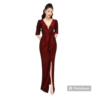 Dạ hội kim sa bèo eo xẻ tà vải kim tuyến co giãn, Đầm dạ hội trung niên dự tiệc nhũ kim sa, Dạ hội kim sa bèo eo xẻ tà