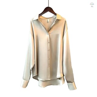 Hilivn) Plus Size Áo Satin Tay Dài Áo Nữ Y2K Nút Xuống Cổ Áo Sơ Mi Dáng Rộng Phù Hợp Với Áo Dài