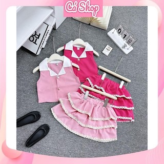 Set áo cổ vest sát nách TM576 kèm chân váy xếp ly tầng cho bé gái