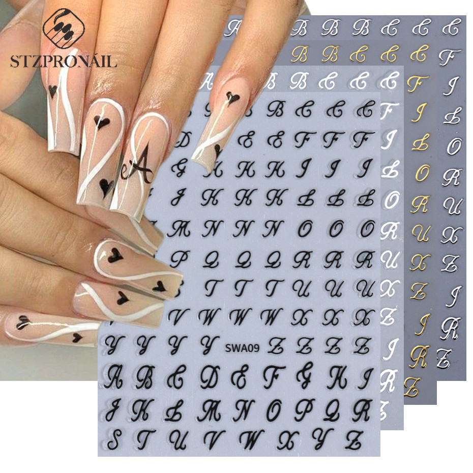 3d Kim Loại Nghệ Thuật Tiếng Anh Chữ Dán Móng Tay Đen Trắng Vàng Bạc Nghệ Thuật Chữ Cái Bảng Chữ Cái Tự Dính Ba Chiều Thanh Trượt Trang Trí Móng Tay