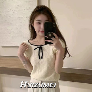 Áo thun nữ HUIZUMEI hottie nơ ngắn tay dệt kim mỏng crop top
