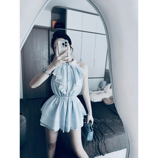 Đầm xanh sọc cổ yếm cộc tay bo eo