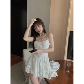 Tính khí mùa hè Thiết kế xù Váy trắng Váy Mini chữ A gợi cảm