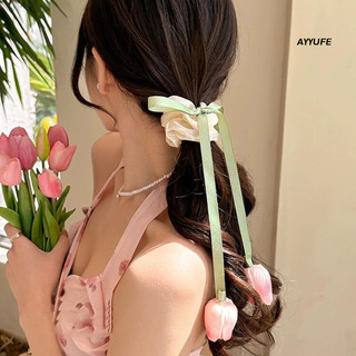 Ayyufe Tulip Camellia Hoa Mặt Dây Buộc Tóc Dài Ruy Băng Lưới Không Phai Màu Mùa Xuân Lớn Tóc Phụ Kiện Tóc
