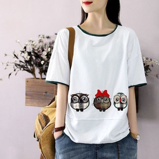 Mùa Hè Phong Cách Mới Retro Cotton Nguyên Chất Thêu Áo Thun Nữ Tay Ngắn Thời Trang Phù Hợp Với