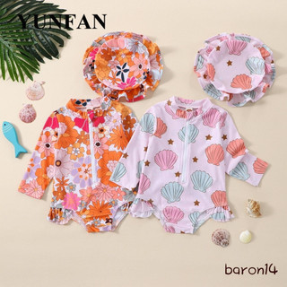 Yunfanspring / Summer Girl Baby One Piece Đồ bơi dài tay in hoa / mũ