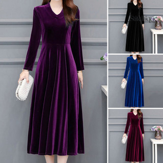 Stitchique _ Đầm Nữ Màu Trơn Mềm Tay Dài Cổ Tròn Viền Lớn Ấm Áp Giữa Bắp Chiều Dài Plus SIze Lady Prom Đầm Nữ May Mặc