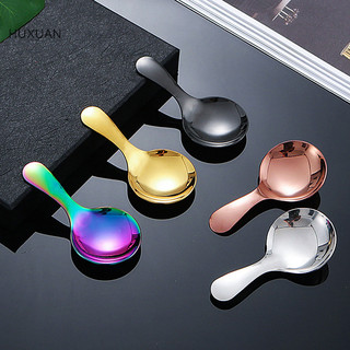 Huxuan Dễ Thương 304 Thép Không Gỉ Tay Cầm Ngắn Đầu Tròn Thìa Kem Món Tráng Miệng Thìa RFT