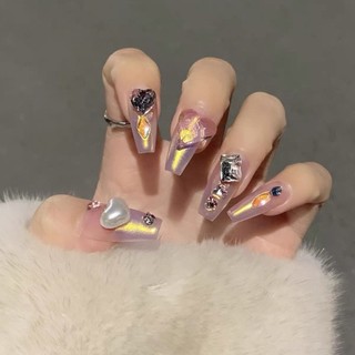 Handmade Mặc Móng Tay Đầu Móng Tay Đầu Móng Tay Móng Tay Miếng Dán Móng Tay Cao Cấp Hồng Tình Yêu Kim Cương Nâng Cao Nhẹ Nhàng Ngọt Ngào