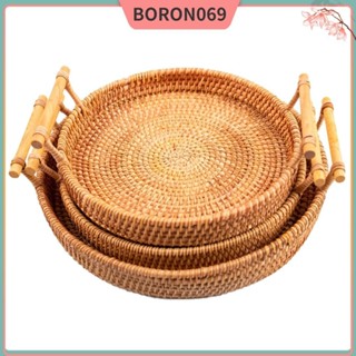 Boron069 Khay đựng đồ ăn bằng mây tròn dệt tay Bánh mì Trái cây tráng miệng Giỏ nhẹ có cầm