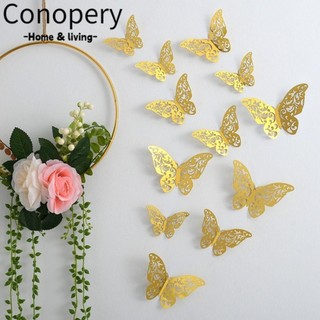 Conopery 12 miếng dán tường bướm, giấy vàng sáng tạo dán, kết cấu kim loại 13,5 2cm thời trang không đều miếng dán badroom