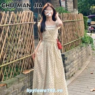 Chu MAN JIA Váy nữ kiểu Pháp đơn giản chấm bi váy dáng rộng giản dị váy công chúa dài vừa phải