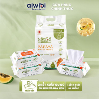 Khăn Giấy Ướt Aiwibi Chiết Xuất Đu Đủ Hữu Cơ Không Mùi và Không Cồn Cho Bé 1 lốc x 3 gói x 84 tờ