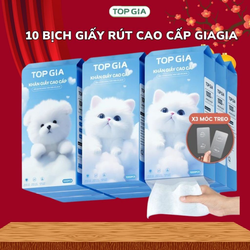 Khăn giấy rút treo tường Top Gia 4 lớp 100% bột gỗ - 8 gói hoặc 10 bịch tặng 3 móc