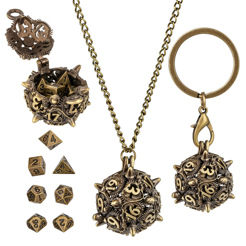 7pcs/set Tiny Metal Polyhedral Dice with Pendant Key Ring Chain Pendant D20 Case for Table Board Gam