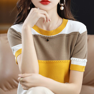 Mùa Hè Phong Cách Mới Vải Lanh Cotton Tay Ngắn Nữ Cổ Tròn Màu Sắc Phù Hợp Rỗng Rời Mỏng Hơn Nhìn Nguyên Chất Cotton Chui Đầu Dệt Kim Hal