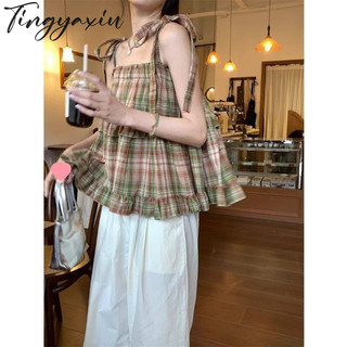 Tingyaxiu Áo Vest không tay cổ vuông dành cho nữ Retro Ren-up Kẻ sọc Babydoll Áo hai dây ngắn