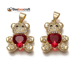1 Đồng thau Micro Pave Cubic ia Mặt dây chuyền Mạ vàng lâu trôi Vỏ hình gấu màu đỏ 19,5x16x5,5mm Lỗ: 3,5X4mm