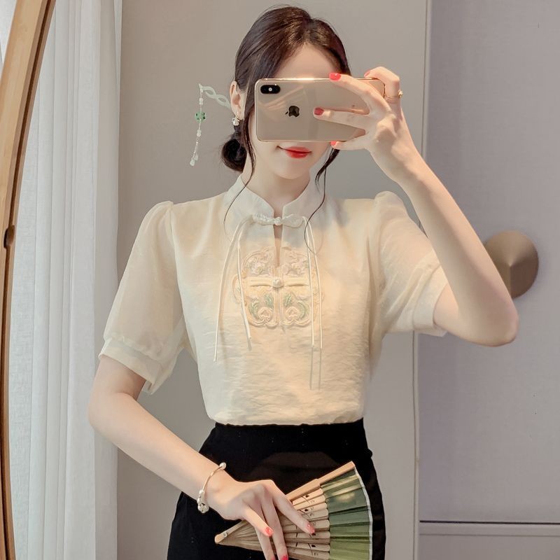 0410 Phong Cách Trung Hoa Đứng Cổ Tua Rua Nút Áo Sơ Mi Voan Nữ Mùa Hè Phong Cách Mới Phù Hợp Với Độ Tuổi Giảm Tính Khí