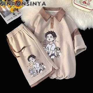 Sinransinya Áo sơ mi polo nam mới, phong cách retro đường phố haute couture dây rút nhân vật hoạt hình in hình quạt dáng rộng, phong cách cặp đôi áo thun nửa tay thời trang
