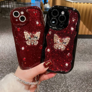 Ốp lưng màu đỏ lấp lánh lấp lánh thời trang với vòng tay ngọc trai Bướm kim loại cho Iphone 15 14 13 11 12 Pro Max Vỏ silicon mềm bảo vệ chống sốc 7 8 Plus X Xs Xr Xsmax