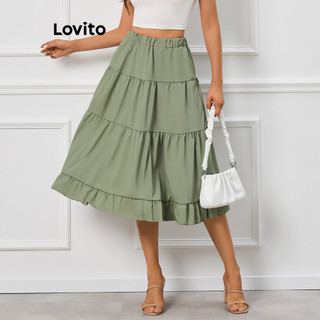 Lovito Váy xếp tầng trơn thường ngày có viền xà lách cho nữ LBL09452