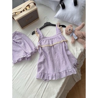 N80- Pijama bánh bèo kẻ tím cho nữ - Bộ ngủ tiểu thư hàng quảng châu cao cấp