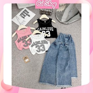 Set áo ba lỗ số 33 quần jean F08 cho bé gái