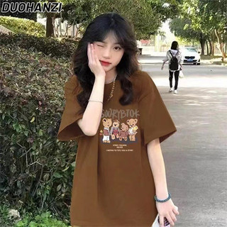 Áo thun nữ DUOHANZI phong cách Hàn Quốc sinh viên in hình cặp đôi cotton hoạt hình Áo thun