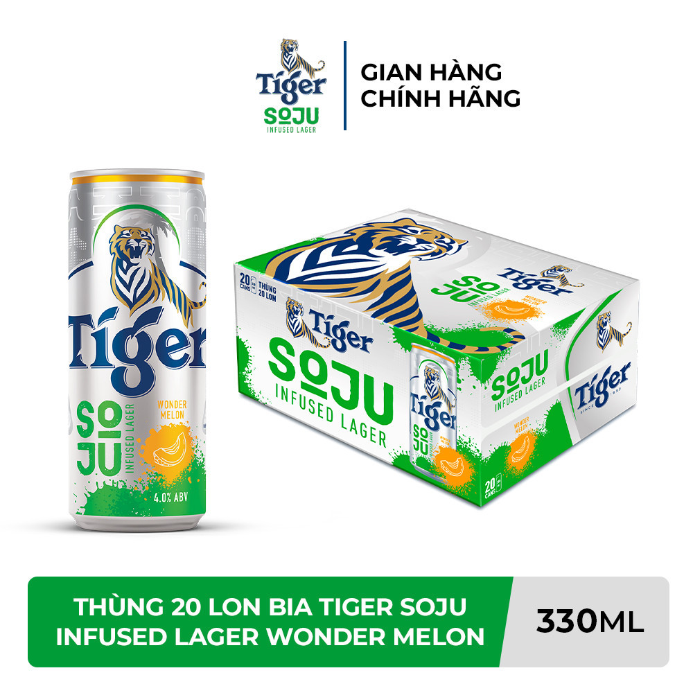 Thùng 20 lon bia Tiger Soju Infused Lager Wonder Melon (vị Soju Dưa Lưới) - 330ml/lon