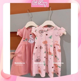 Váy đầm cotton hạc hồng CS128 tay cánh tiên cho bé gái