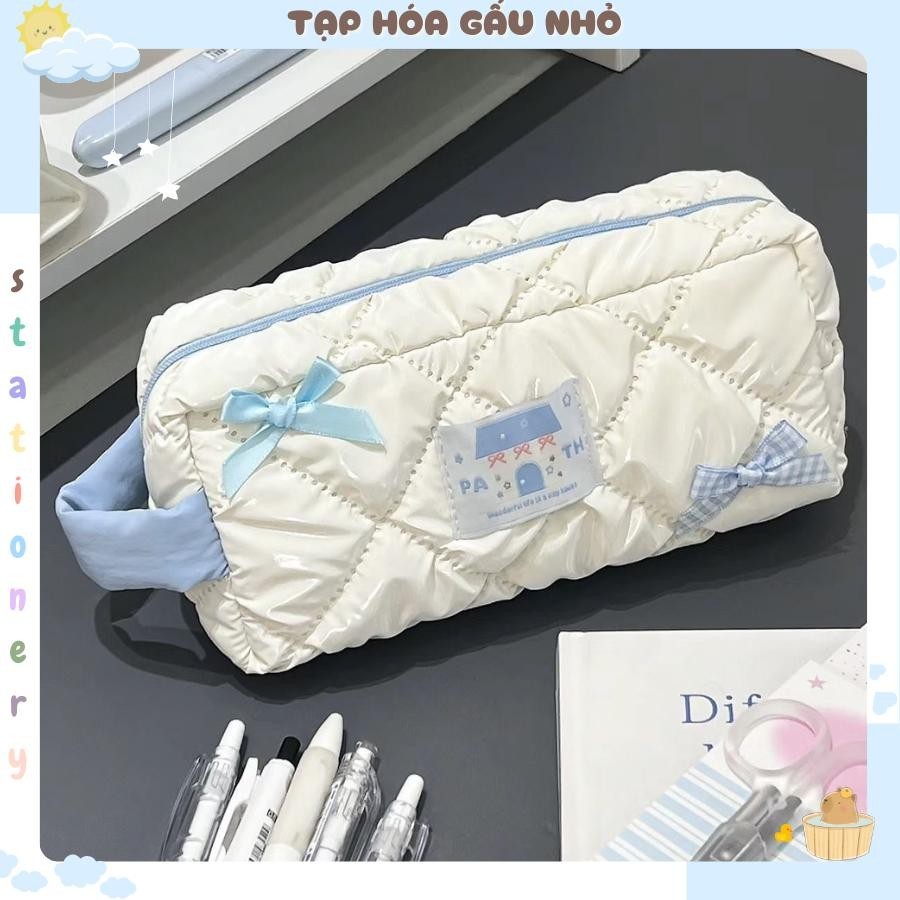 Hộp bút coquette gắn Nơ Tone xanh trắng vải mềm bóng dễ thương, Hộp bút Dacron Ribbon style coquette