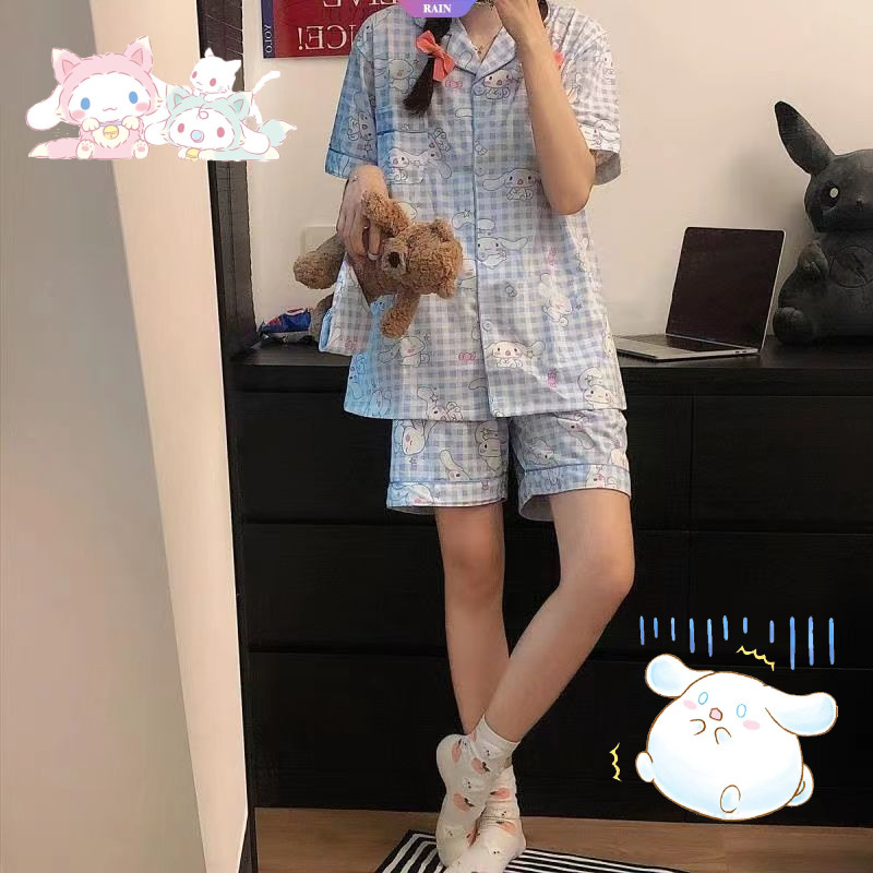 Mùa hè Hàn Quốc Dễ Thương Sanrio Cinnamoroll Bộ Đồ Ngủ Nữ Tay Ngắn Mỏng Ins Phong Cách Lưới Kẻ Sọc Đỏ Homewear [RAIN]