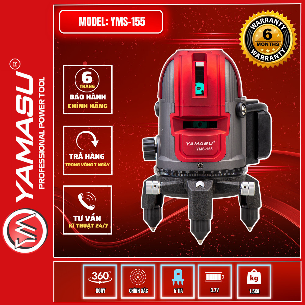 Máy cân mực laser YAMASU YMS-155 với 5 tia xanh siêu sáng tặng kèm chân laser 1,2m bảo hành trên toà