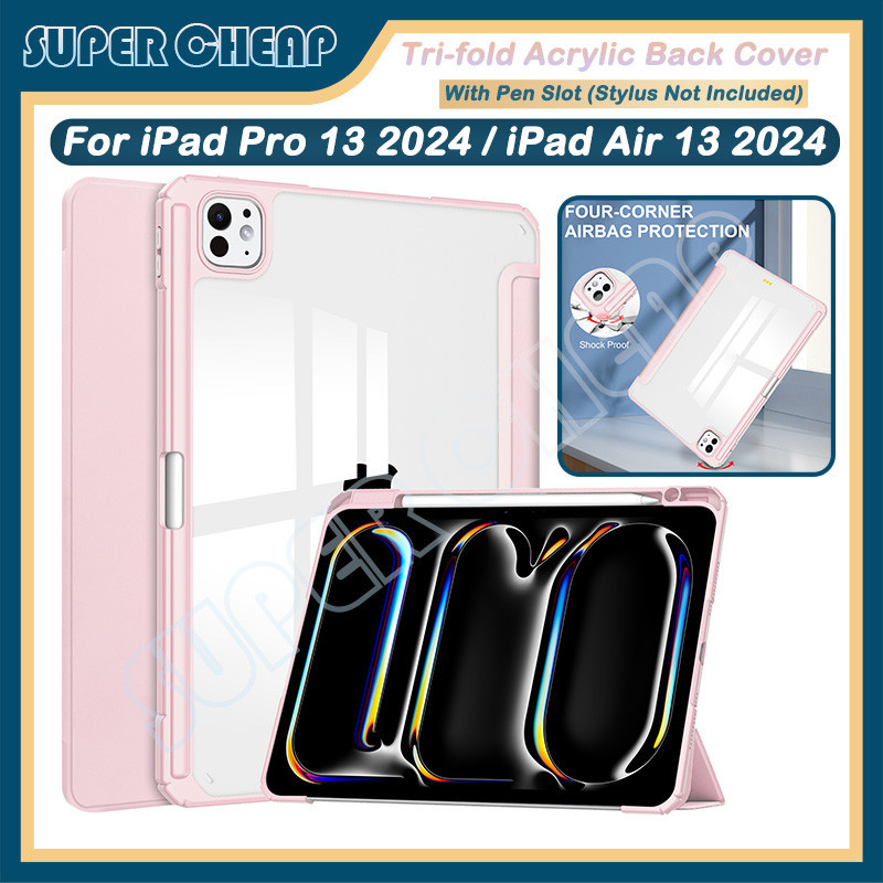 Dành Cho iPad Air 13 2024 iPad Pro 13 2024 13inch Gấp Ba Đứng Bảo Vệ Ốp điện thoại Acrylic Trong Suố